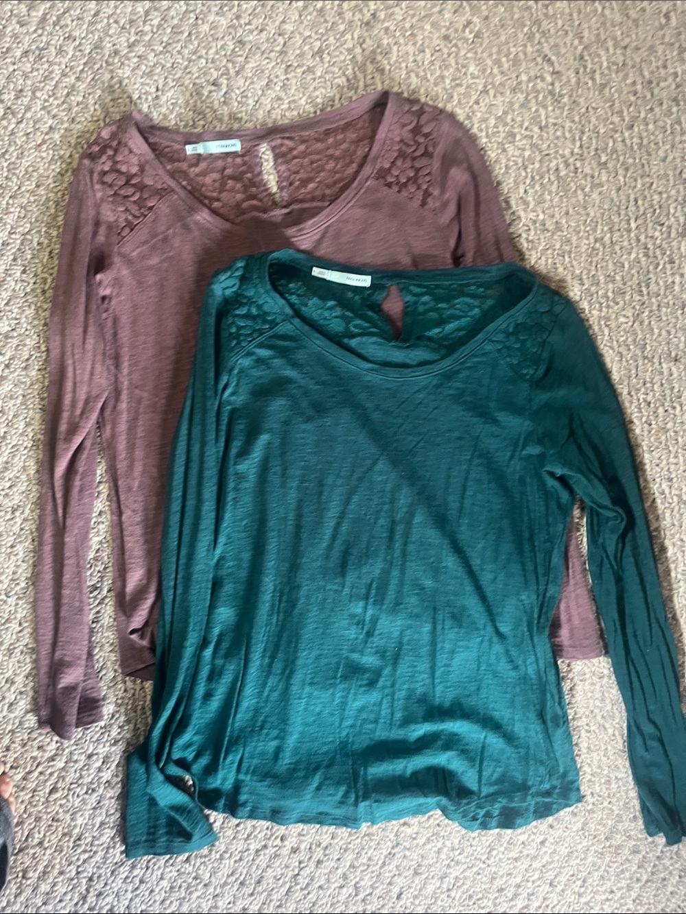 Maurices Long Sleeve Lace-Yoke Tops — Teal Green & Brown